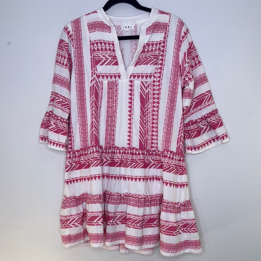 THML Pink and White V-Neck Bell Sleeve Sundress - Picture 7 of 12